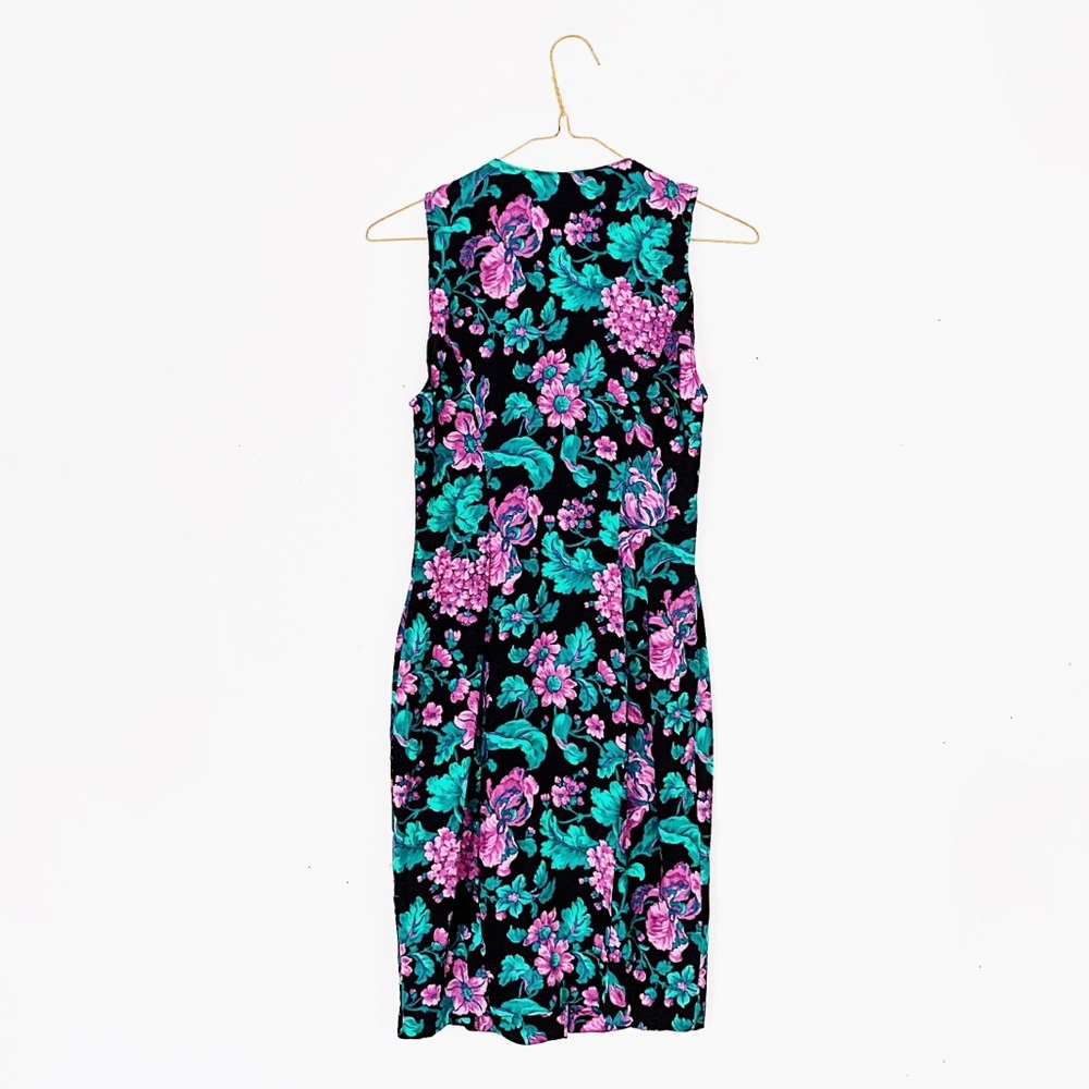 80s / 90s petite jazz bold floral mini dress - VTG black purple teal sheath - Picture 5 of 11